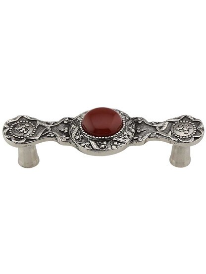 Victorian Jewel Pull Inset with Red Carnelian - 3 inch Center-to-Center in Brite Nickel.
